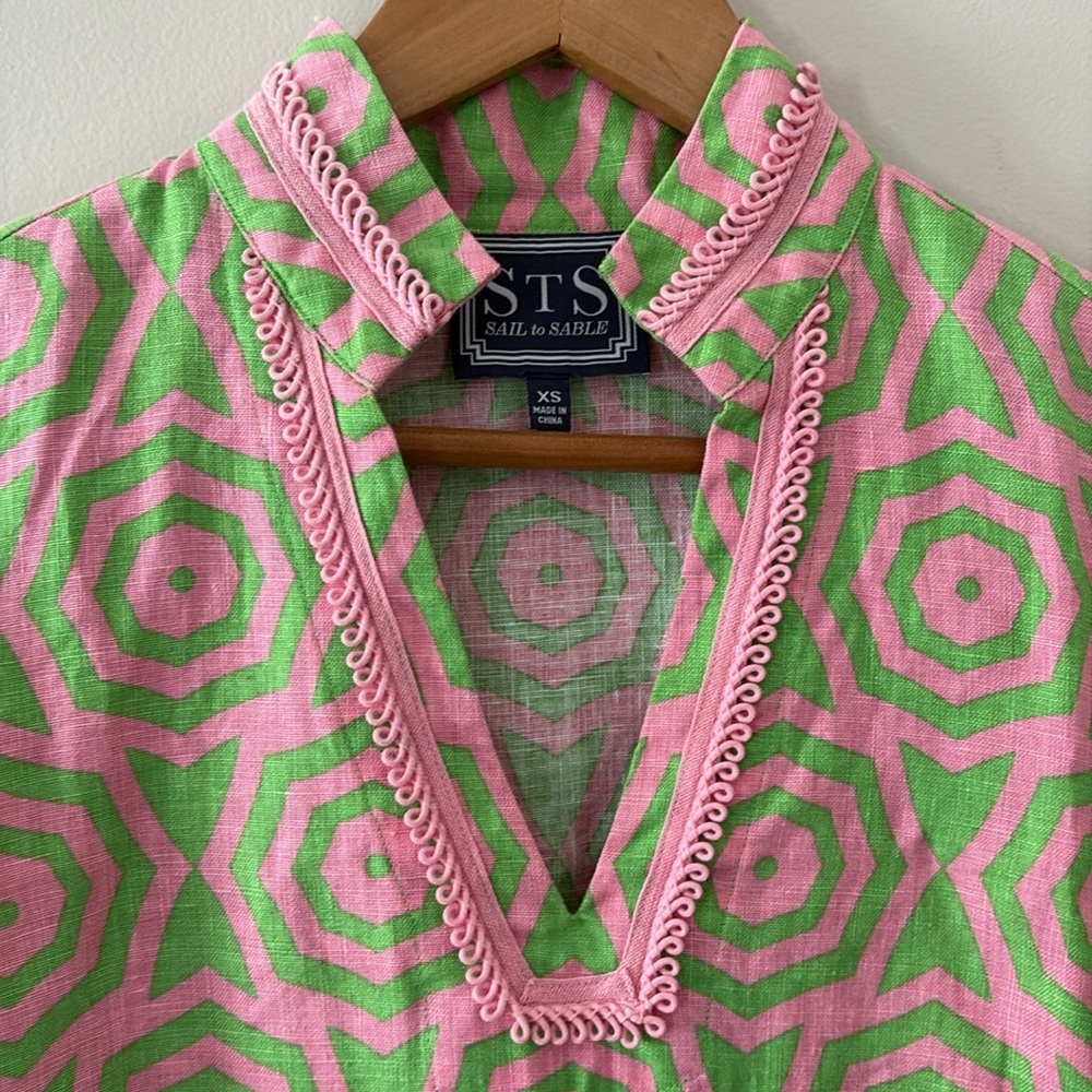 Sail to‎ Sable 100% Linen V Neck Trim Embroidered Tunic Long Sleeve Pink Size XS